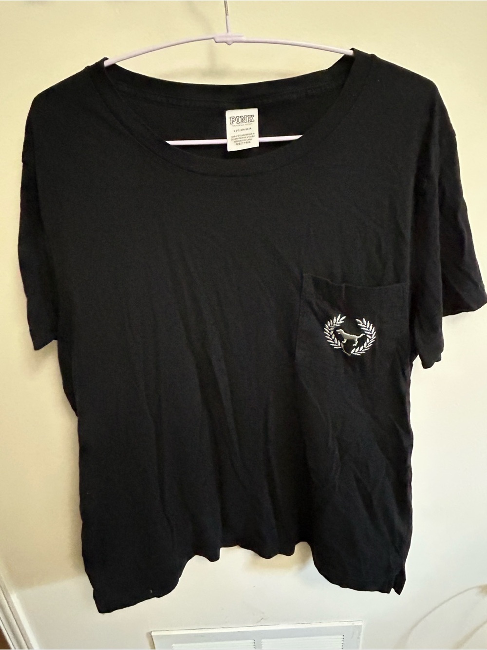 PINK Victoria's Secret Black Short Sleeve Pocket Tee with Sequin Back